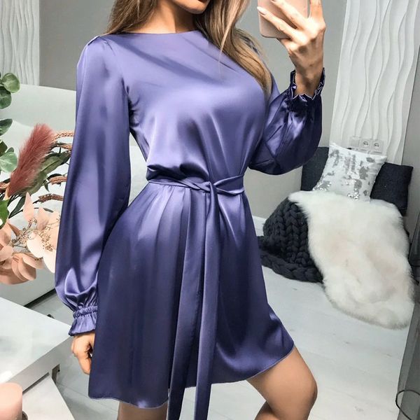 Frauen Satin Kleid Lange Laterne Ärmel O Neck Frühling Sommer Elegante Büro Damen Mode Weibliche Solide Vestidos Roben 210416