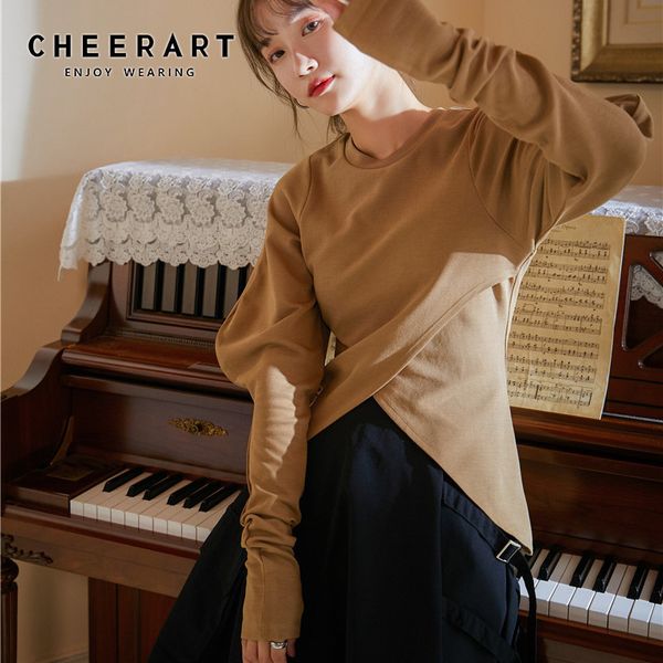 

crewneck lantern sleeve asymmetrical long t shirt women designer tshirt khaki tee autumn clothes 210427, White