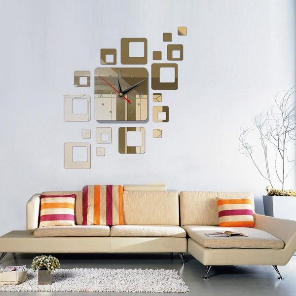 

wall clocks real quartz living room modern design clock horloge watch diy 3d acrylic mirror stickers home decore
