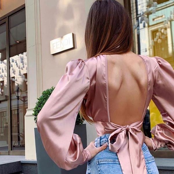

bow lace up short womens shirts backless blusas mujer de moda summer satin long lantern sleeve ladies top, White
