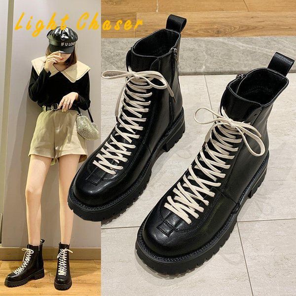 

boots 2021 ins woman leather ankle fashion shoes short winter warm platform heel footwear women's motorcycle, Black