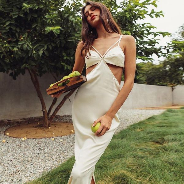 

casual dresses 2021 summer women holiday white dress beach satin night club backless drawstring long hollow out female robe, Black;gray