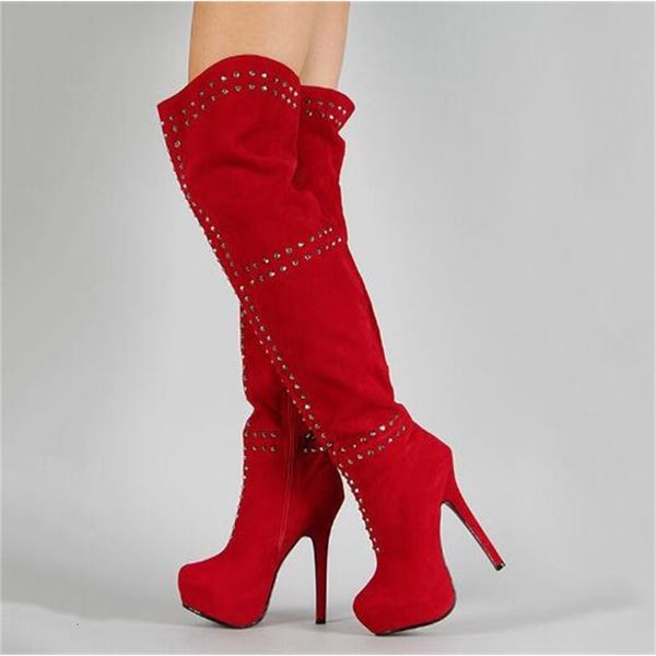 

boots dipsloot rivets black thigh high platform woman patent boots round toe stiletto studded heel on knee long higs