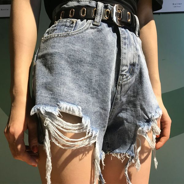 

pant women's high waist shorts, large size hole street clothing, blue and black jeans, summer 2021 fashion, White