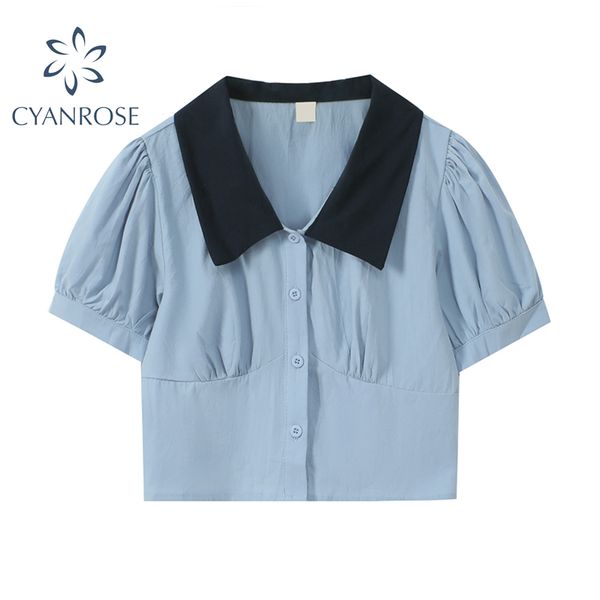 

women's blouse patchwork short sleeve summer korean preppy style v neck sweet puff sleeve ruched female polo shirts 210417, White