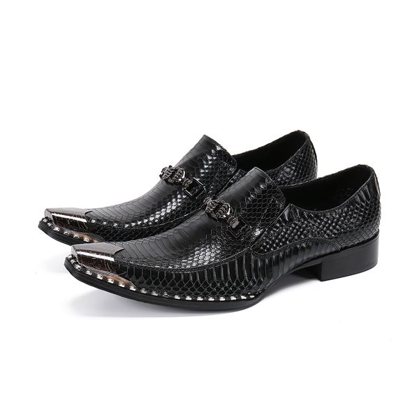 Italienische Schuhe für Männer Leder Müßiggänger Splitterstahl Zehen Metallic Herren Schuhe High Heels Schlange Haut Kleid Hochzeitsschuh