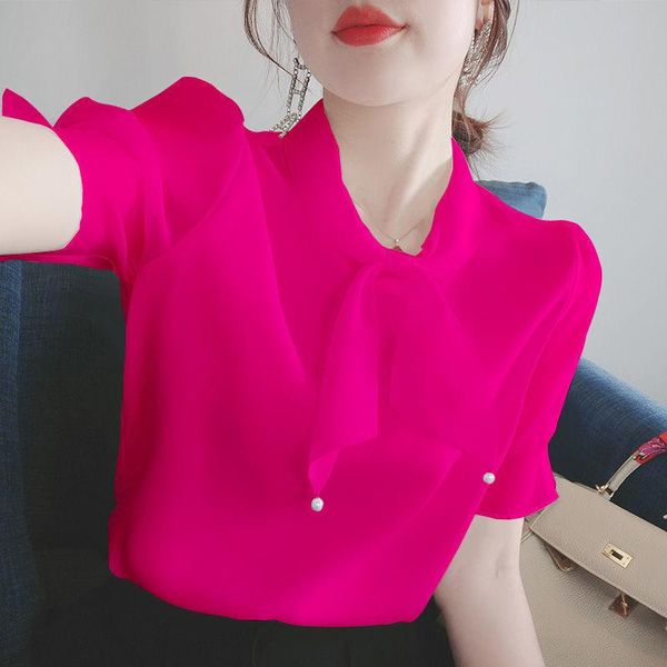 

women's blouses & shirts blouse women shirt chiffon summer loose bow short sleeve blusas mujer de moda, White