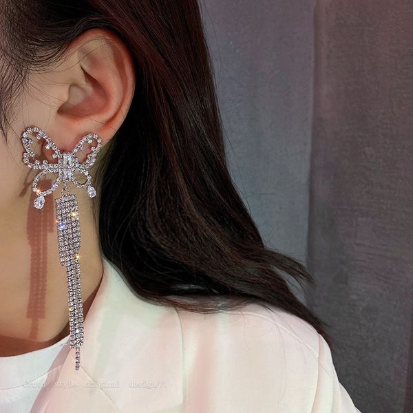 

925 silver needle long tassel bow earrings exaggerated zircon full diamond earrings personalized yiwu earrings, Golden;silver
