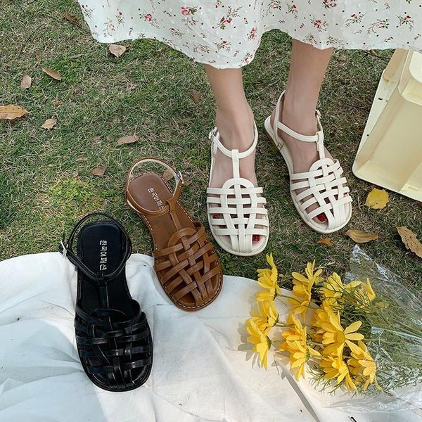 

summer woven sandals women 2021 spring baotou fashion sweet roman flat simple, Black