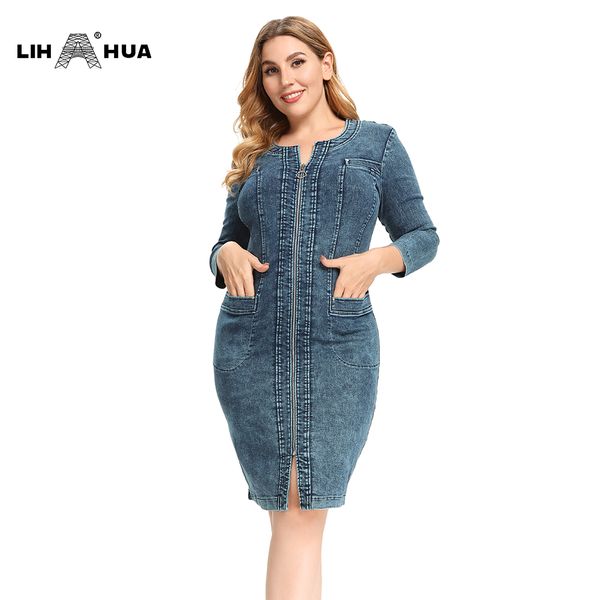 

2021lih hua womens plus size denim dress high flexibility slim fit dress casual woven dress, Black;gray
