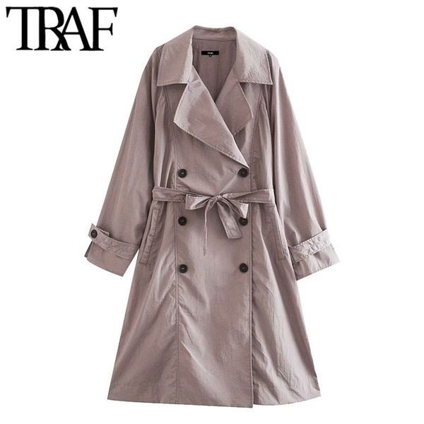 

women fashion with belt double breasted loose trench coat vintage long sleeve pockets female outerwear chic overcoat 210507, Tan;black