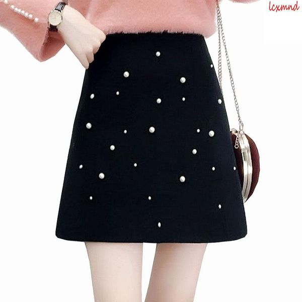 

skirts 2021 autumn and winter beaded high waist women's skirt package hip a word all match women slim mini saia faldas, Black