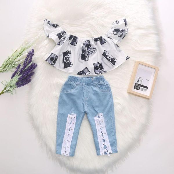 

clothing sets 2021 summer girls' hit color printing one-shoulder flying sleeve denim tie trousers suit, White