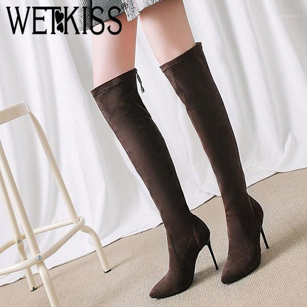 

boots wetkiss stiletto heels women round toe flock footwear winter over the knee fur female boot zip shoes 20211, Black