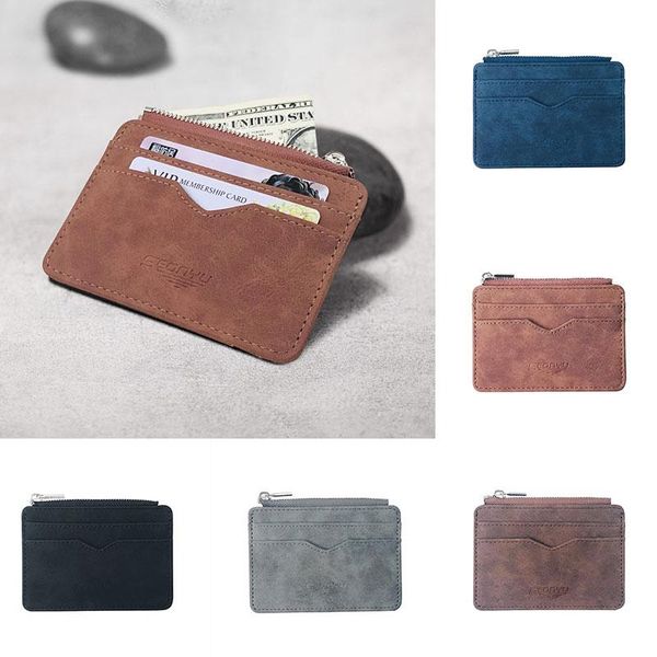 

card holders men's wallet short matte leather retro multi-card frosted fabric holder money minimalist purse transparent coins, Brown;gray