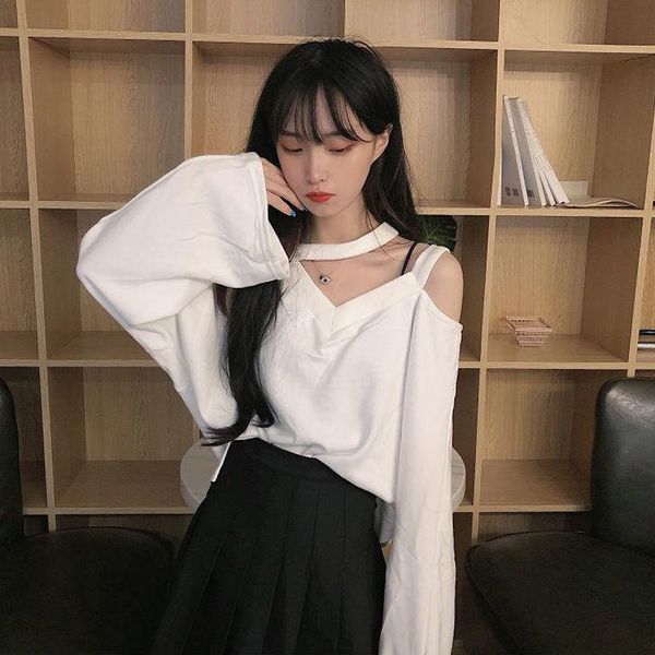 

spring and autumn korean version 2021 design sense of care machine hollow hanging neck off shoulder net red loose long women's t-shirt, White