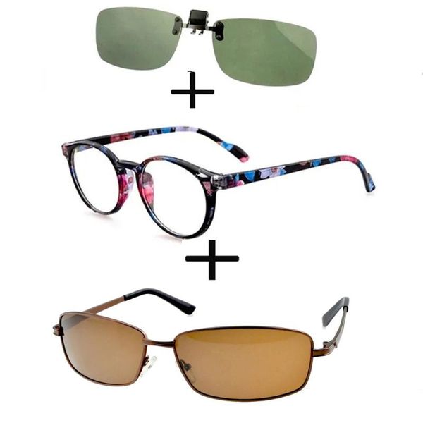

sunglasses 3pcs retro round light reading glasses for men women + polarized alloy luxury thin leg clip, White;black