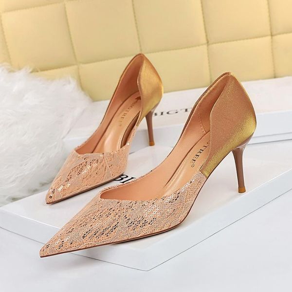 

dress shoes for women 2021 europe & america party high heels hollow shallow pointed toe woman heel splicing sequin single, Black