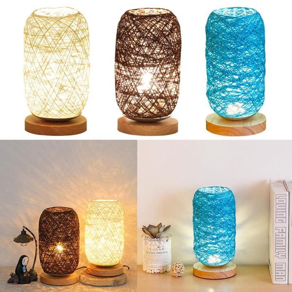 

table lamps usb power desk light rattan lampshade wood base bedside led lamp rustic for household bedroom accessories
