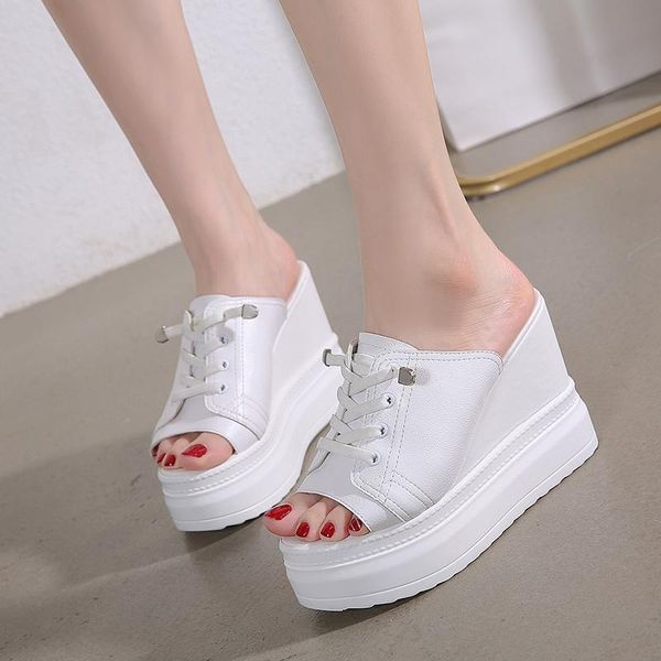 

sandals summer thick heels white women shoes wedges heel pu leather, Black