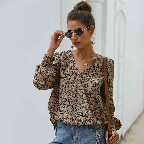

long sleeve polka dot v neck blouse shirts women casual office ladies elegant autumn winter khaki 210427, White