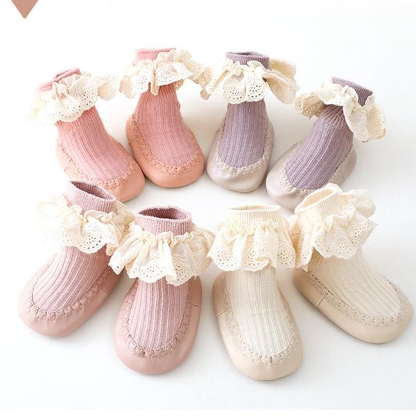 

first walkers autumn lace leather kid floor sock for baby girl soft cotton breathable solid color born toddler ruffle