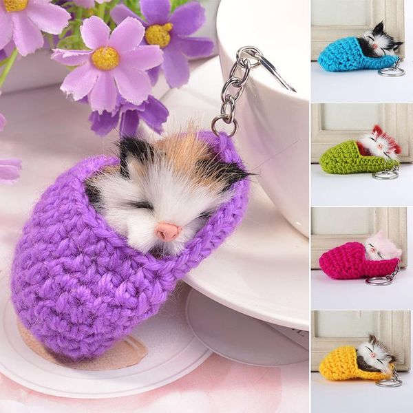 

keychains cute sleeping cat pompom women girls handmade woven slipper faux fur kitten key rings fluffy bag car pendants gift, Silver