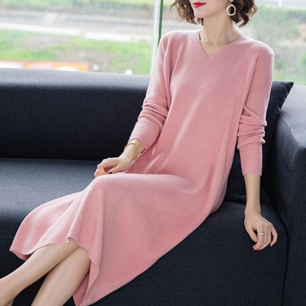 

casual dresses v-neck long sleeve knitted 2021 autumn winter loose women sweater fashion female solid color dress lj3399, Black;gray