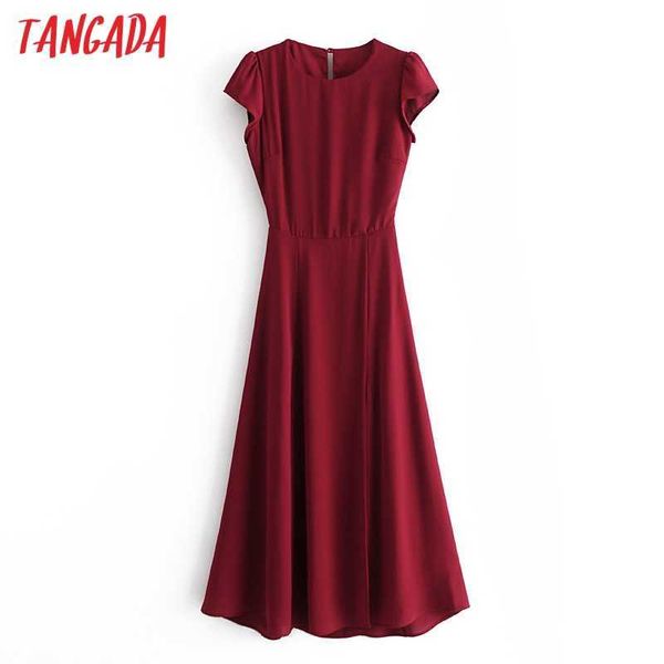Tangada Women Wine Red Backless Sexy Party Dress Manica corta Stile vintage Femmine Midi Abiti Vestidos 6M19 210609