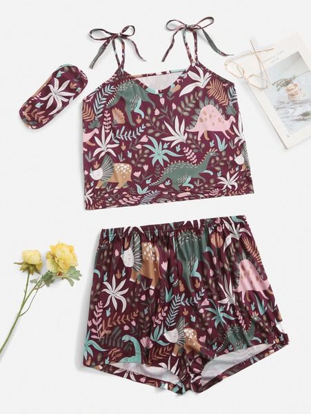 

plus dinosaur print tie shoulder cami & shorts with eye cover a5rj#, Black;white