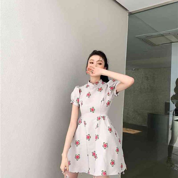 

casual dresses puff sleeve summer corset for women 2021 floral short ball gown ladies cheongsam korean fashion wy5w, Black;gray