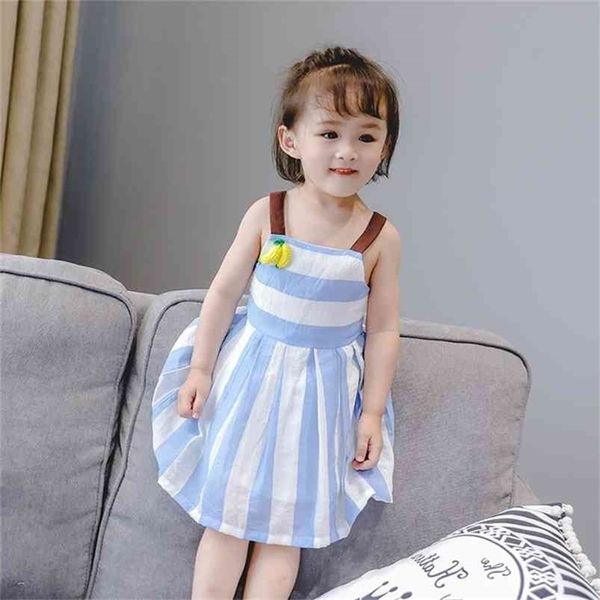 Meninas vestido listrado fresco de malha banana decoração suspender bebê crianças verão roupas infantis 210625