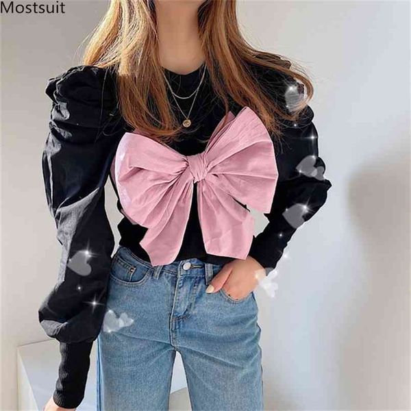 

spring autumn puff sleeve patchwork sweater women korean sweet slim bow o-neck knitted pullover ladies jumpers 210513, Black