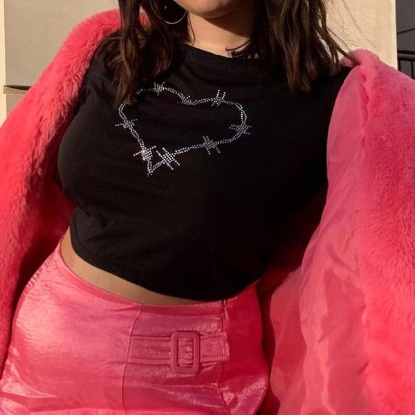 

summer heart-shaped rhinestone bling shiny drill y2k women tshirt crop tees female punk hip hop slim t-shirt streetwear women's, White