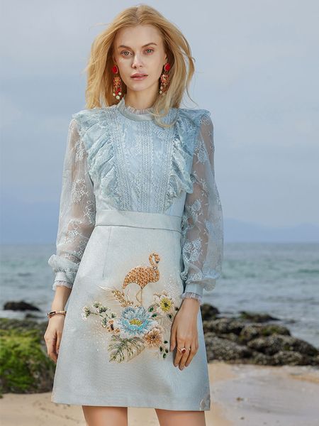

new fall womens clothing lace flounce long sleeve jacquard cotton heavy industry beads diamond flamingo dress, White;black