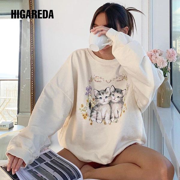 

women's hoodies & sweatshirts higareda cat print cute white oversized sweatshirt autumn long sleeve sweat shirt casual loose pullover, Black