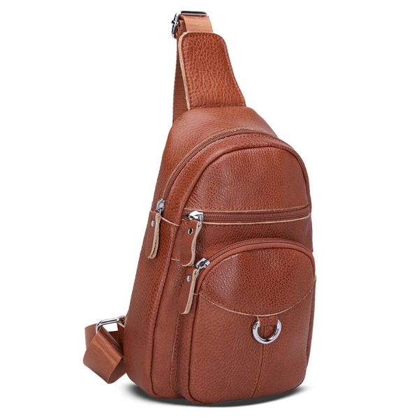 

waist bags genuine cow leather men women chest solid single casual headset hole zipper bag phone pocket large capity handbags