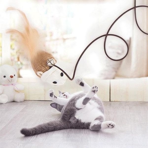 

cat toys cartoon pet teaser feather wood rod mouse toy with mini bell catcher wooden stick interactive