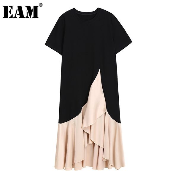 

[eam] women apricot spliced ruffle elegant dress round neck short sleeve loose fit fashion spring summer 1dd8178 210512, Black;gray