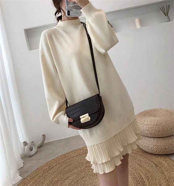 

casual dresses fashion ruffle sweater dress women autumn winter pullover turtleneck lantern sleeve knitted solid mini, Black;gray