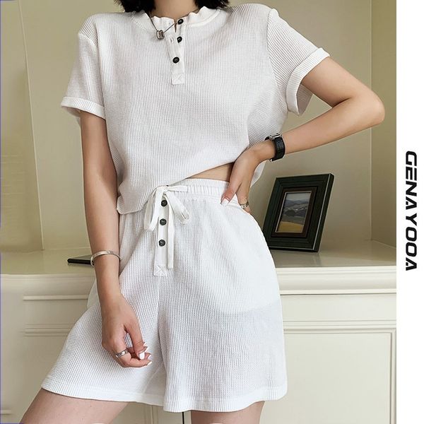 

genayooa tracksuits womens two peices leisure outfits cotton t-shirts high waist shorts set korean summer suit 210417, White