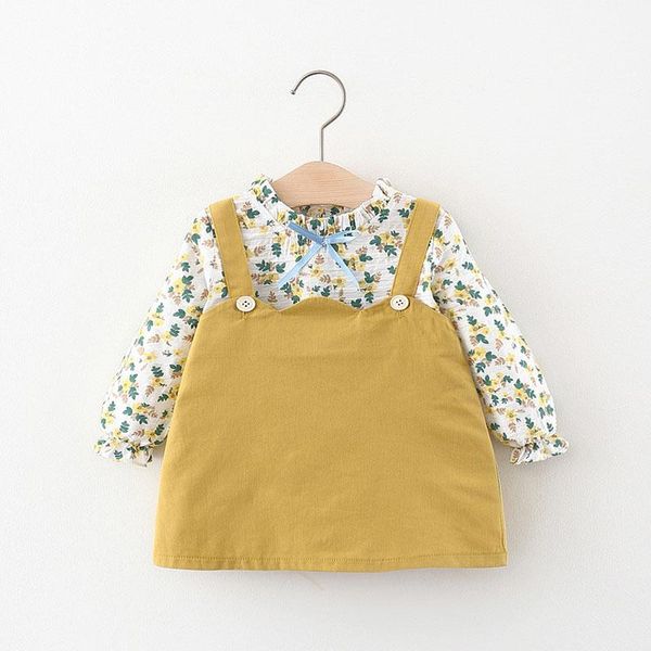 

girl's dresses baby girl 2021 autumn toddler floral suspender dress suits cotton kids long sleeve cute bow clothes, Red;yellow