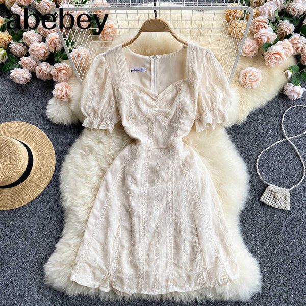 

women korean solid lace up dress puff sleeve square collar a line dresses summer casual streetwear midi dress 210715, Black;gray