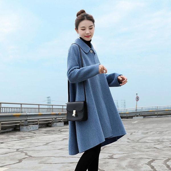 

women's wool & blends women winter cashmere coat long sleeves front short back loose high-end atmosphere woolen cloak female chaqueta m, Black