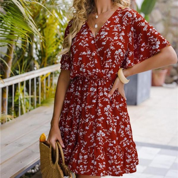 

casual dresses beautiful women v-neck summer dress small floral print slim soft ruffle hem comfortable for daily life, Black;gray