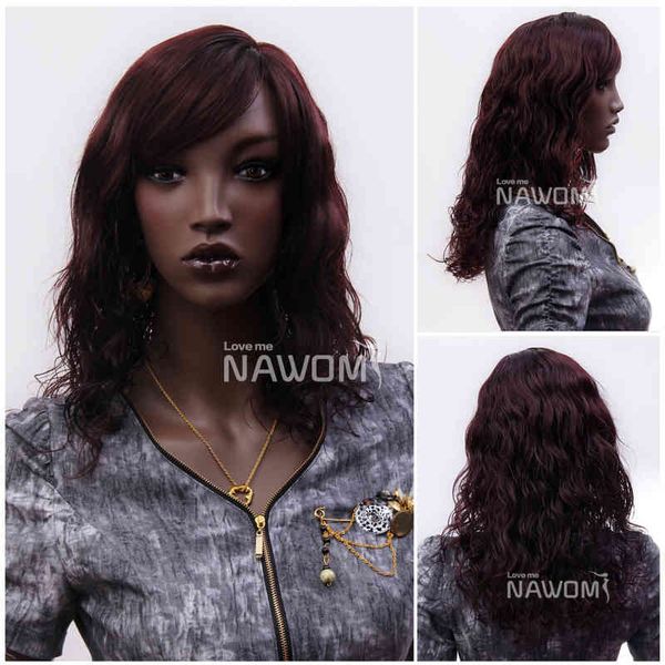 

red wine women's diagonal bangs medium long wig small curl set, Black;brown