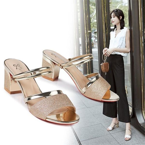 

dress shoes women slippers gold high heels slipper bling woman sandals open toe pumps outside slides sliver zapatos mujer 6495, Black