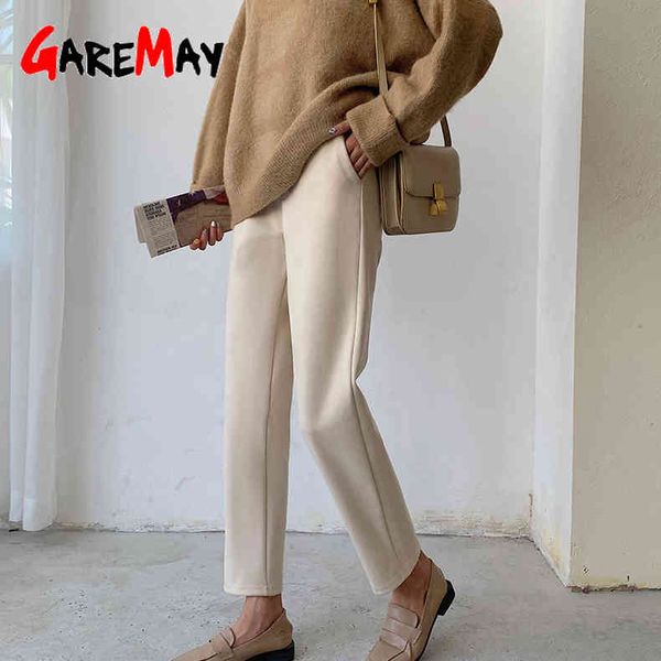 

winter warm trousers suits for women work office pants high waist loose vintage female thick woolen harem 210428, Black;white