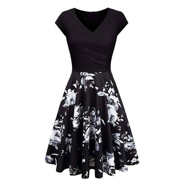 

floral spring and summer 2020 print slim women's dress, White;black