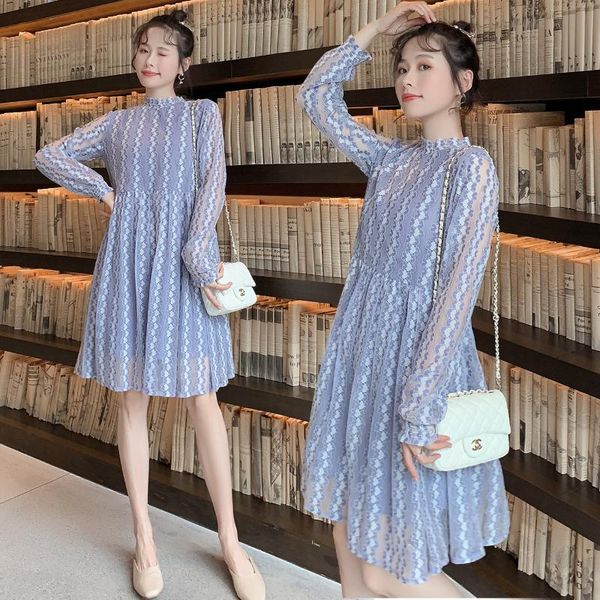

8100# maternity clothes spring autumn chiffon lace hollow long sleeves loose stylish dress pregnant women mom dresses, White